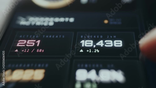 Cybersecurity threat visualization dashboard displaying active, blocked and quarantined numbers of threats