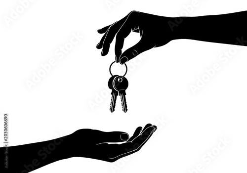 Silhouette illustration of one hand passing a set of keys to another hand, representing real estate, property transfer, or ownership concepts.