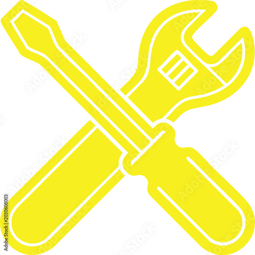 Yellow screwdriver and wrench crossed neon-style