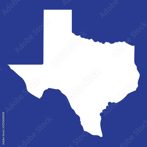 White silhouette of texas state on blue square background outline