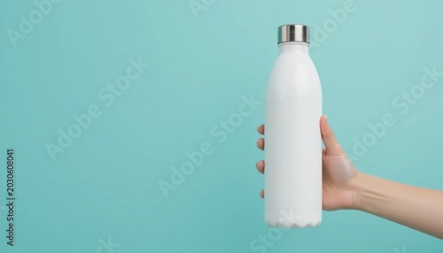 Hand holding white reusable water bottle against turquoise background symbolizing sustainability wellness eco friendly lifestyle and modern design concept