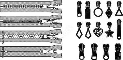 Obraz na płótnie Comprehensive zipper designs and pull styles illustration showing metal, coil, p
