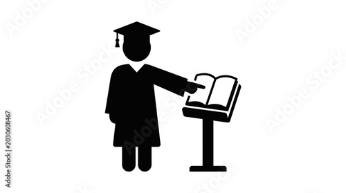 Tableau sur toile Graduate student standing at a podium points to an open book while presenting academic research during a formal university commencement ceremony or a scholarly lecture in a classroom setting