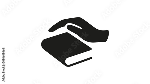 Book icon being protected by an open hand represents the preservation of knowledge, intellectual property rights, and the act of caring for literature.