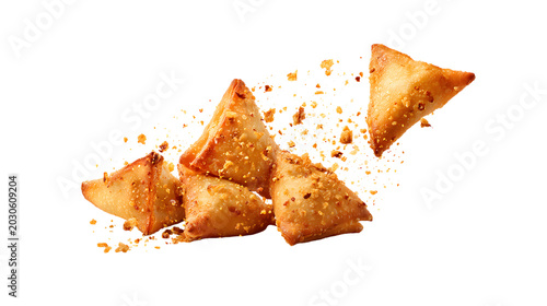 Fried samosas with nuts flying around