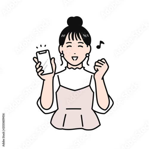 上機嫌でスマートフォンを持つまとめ髪の若い女性のシンプルなベクターイラスト素材