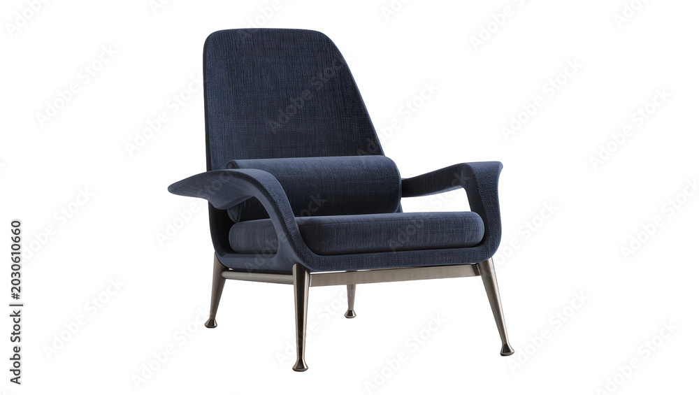 Obraz premium Dark blue velvet armchair with metal legs, isolated on transparent background
