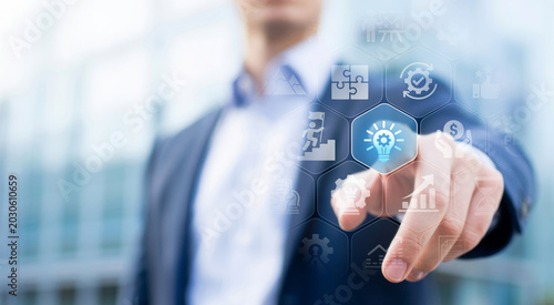 Bild auf Leinwand Chief Strategy Officer hands holding roadmap Strategy formulation execution competitive advantage network connections long-term vision business model strategic planning