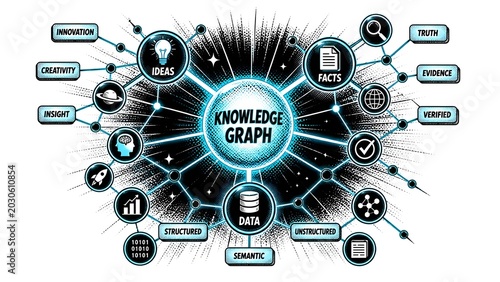 Retro Halftone Knowledge Graph Illustration with Connected AI Learning Data Nodes