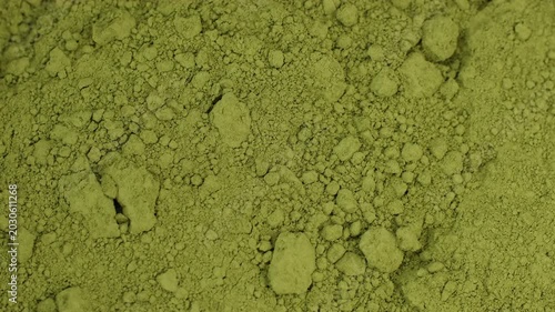Matcha green tea powder close up, rotation. Moringa, Spirulina, chlorella superfoods