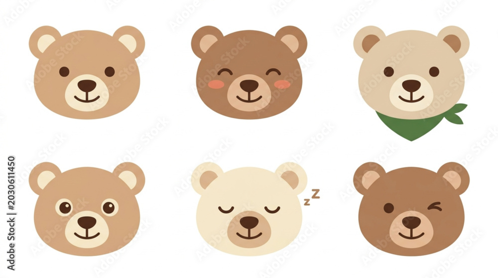 Fototapeta premium Cute Cartoon Bear Faces Collection Various Expressions.