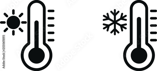 Foto Temperature Control icon set, Thermometer with Sun and Snowflake symbols in clean silhouette vector style for Hot and Cold Climate indicators