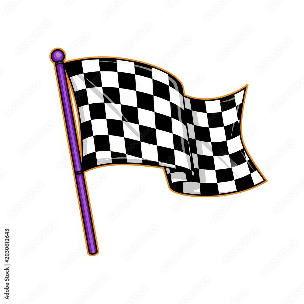 Fototapeta premium Cartoon checkered racing flag on a purple flagpole isolated against white background art.