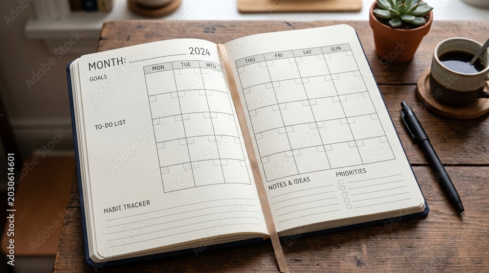 Obraz premium A planner mockup lies open on a wooden desk next to a cup of coffee and a pen.