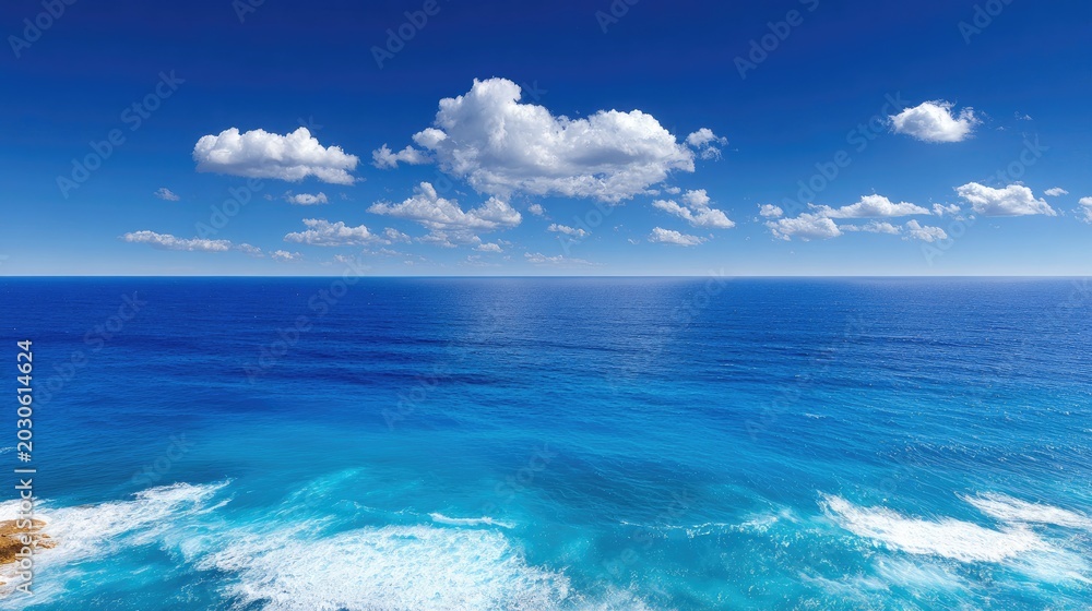 Fototapeta premium Vast Tranquil Ocean Scene Beneath Clear Blue Sky with Small Fluffy Clouds Reflecting on Calm Water Surface in Bright Daylight