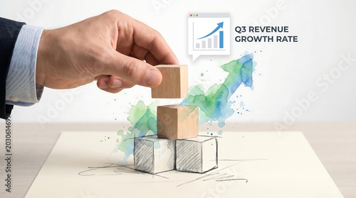 Building Q3 Revenue Growth Strategy with Wooden Blocks hand drawn, sketch, watercolor photorealistic