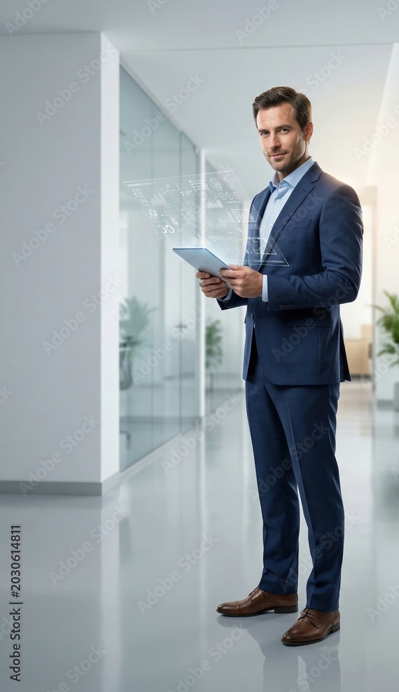 Fototapeta premium Vertical scene of solo data strategist standing confidently in modern office