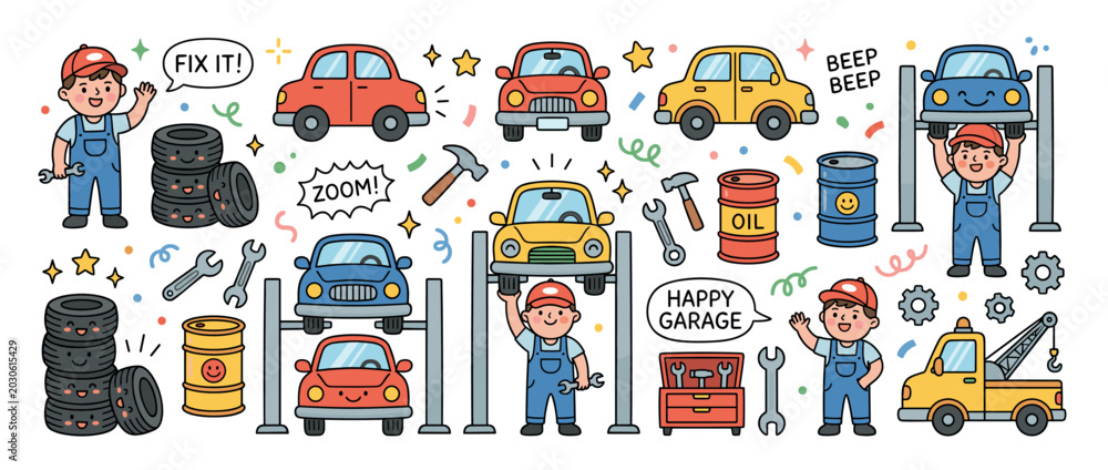 Fototapeta premium Cute cartoon mechanics and cars in a vibrant garage scene, featuring tools, tires, and oil barrels on a white background