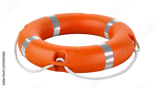 Bild auf Leinwand Bright orange life preserver ring with silver stripes and rope, isolated on tran