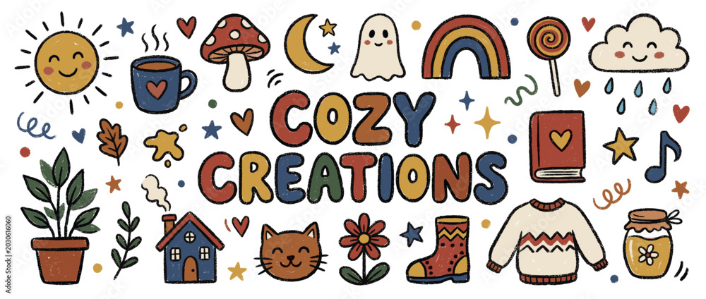 Fototapeta premium Whimsical hand-drawn collection of cozy autumn and winter elements, including a sun, mug, mushroom, ghost, rainbow, and sweater, on a white background