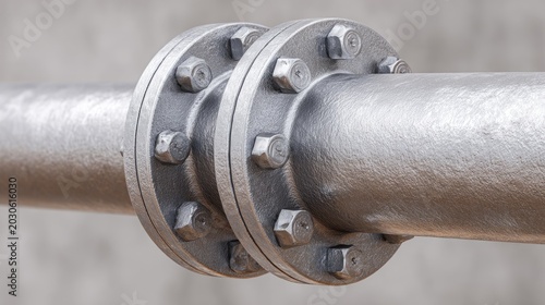 Close-Up View of Industrial Metal Pipe Flange Connecting Two Steel Pipes with Detailed Fasteners and Texture in Industrial Setting
