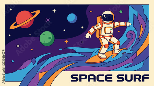 Photography Astronaut surfing through space on a wave.