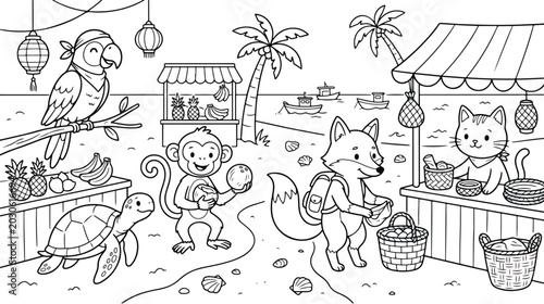 Canvas Print Tropical animal market coloring page, cute cartoon animals shopping at beach fru