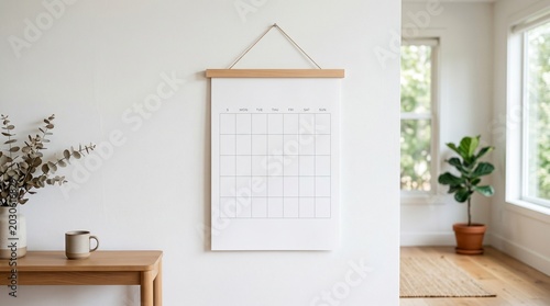 Blank monthly calendar mockup hanging on a clean white wall in a minimalist room with natural light, perfect for planning and home decor displays