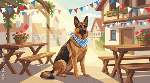 Tablou pe pânză Low poly illustration of a German Shepherd dog wearing a blue checkered bandana sitting in a traditional Bavarian beer garden with festive bunting and timber houses
