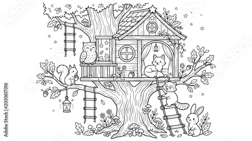 Canvastavla Whimsical treehouse coloring page with forest animals, magical woodland tree hou
