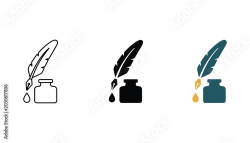 Schilderij op canvas Three styles of feather pen and inkwell icon showing outline solid and flat colo