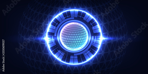 Futuristic Tech HUD Circle with Glowing Abstract Earth Core