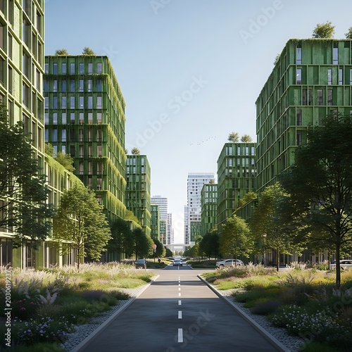 Modern green buildings with trees and plants on a sunny city street with road and cars