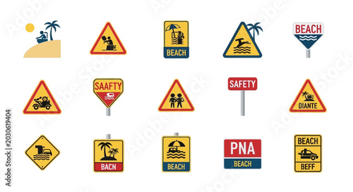 Foto Collection of beach safety and warning signs for travel and leisure
