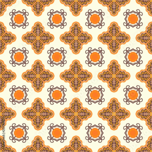 Vintage Ornamental Seamless Pattern with Floral Ethnic Motifs in Orange and Brown