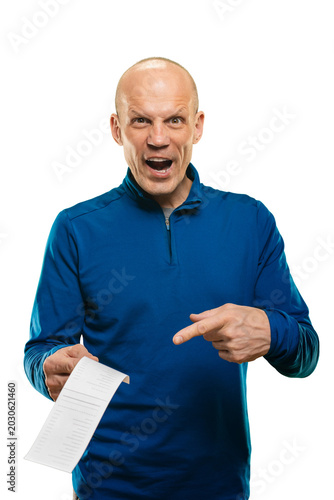 Tablou pe pânză Caucasian man pointing at receipt and expressing outrage toward apparent overcha