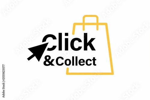 Click and collect shopping service logo with shopping bag and arrow icon