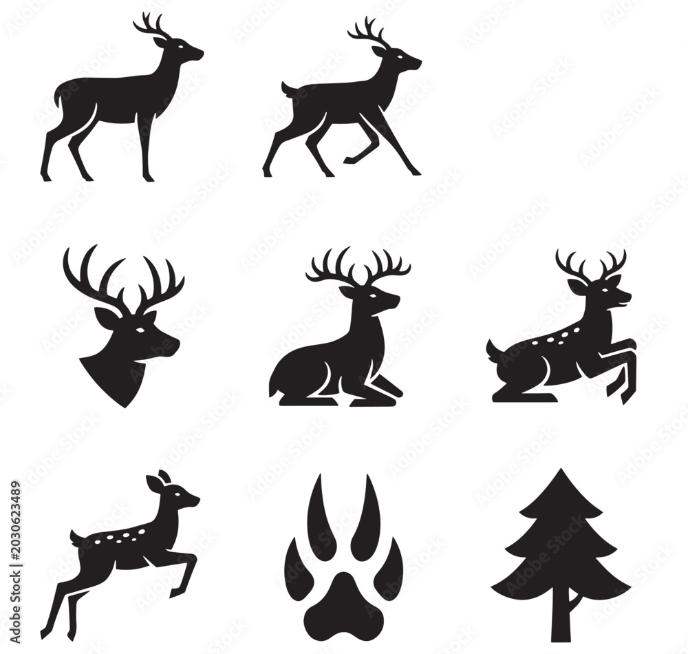 Obraz premium black silhouettes of deer and tree on white background for graphic design