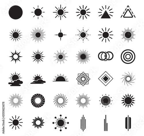 Collection of black sun and abstract geometric shapes icons on white background