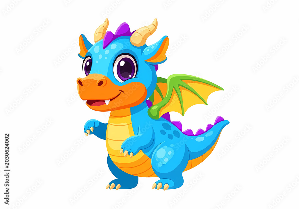 Fototapeta premium Cute blue cartoon baby dragon character.