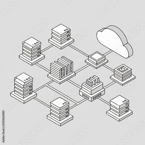 Isometric illustration of interconnected server stacks with cloud storage.