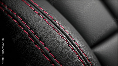 A detailed macro closeup of a textured black leather car seat with detailed red stitching  showcasing its intricate surface design and pattern