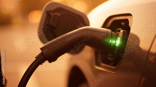 Close Up Hand Plugging In Electric Car Charging Cable With Green Light At Sunset