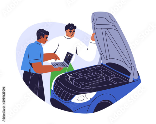 Computer diagnostics of broken car engine with open hood. Automobile vehicle,...