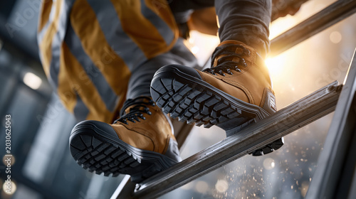 Construction worker safety boot ladder climbing workwear protective gear sunlight industrial closeup soles construction scene with worker climbing ladder sunlight, focus rugged safety boot soles