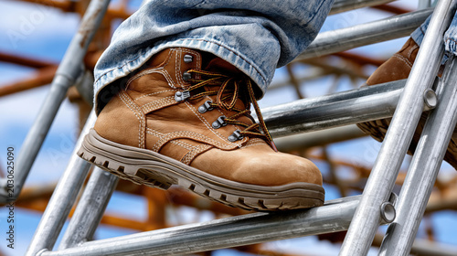 Work boot safety boot construction worker ladder metal industrial footwear protective closeup Sturdy work boot ladder with metal framework background, rugged construction worker footwear detail