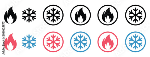 Temperature Icons: A collection of fire and snowflake icons symbolizing heat and cold. hot and cold, weather symbols, climate concept.