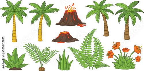 Bild auf Leinwand Prehistoric jungle landscape elements vector set collection with erupting volcan