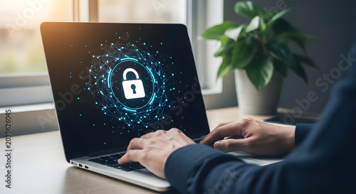 Person working on a laptop with a digital security padlock icon on the screen