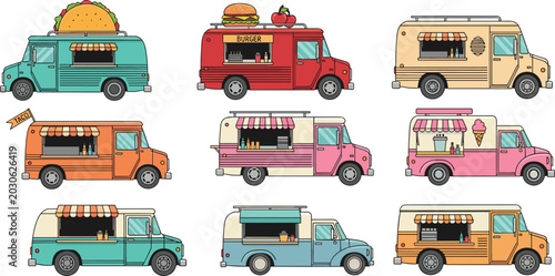 Fotografi Street food trucks and mobile kitchen vans vector set collection selling tacos b